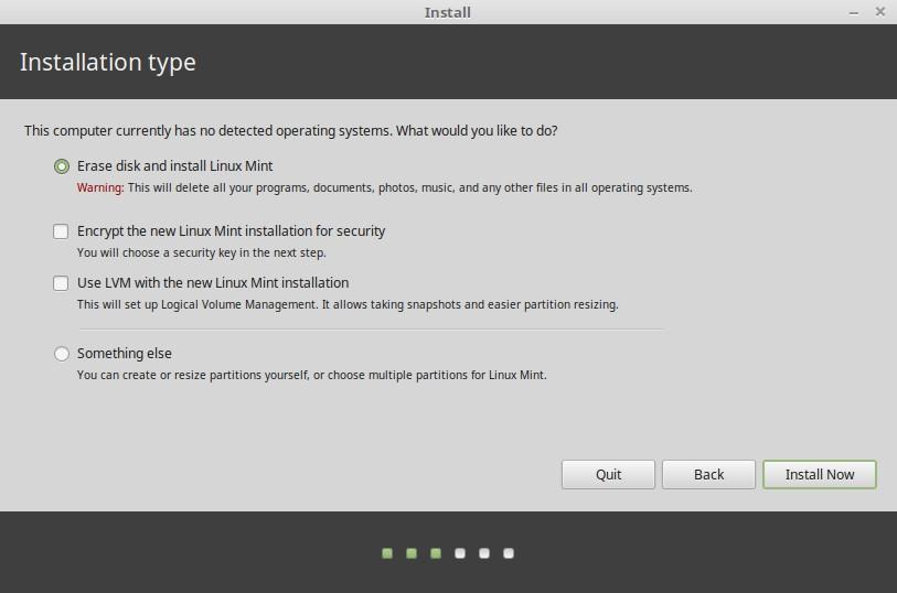 In the next screen you can assign your entire hard drive to Linux Mint or install it alongside other operating systems. Alternatively, you can also define and assign the partitions manually.