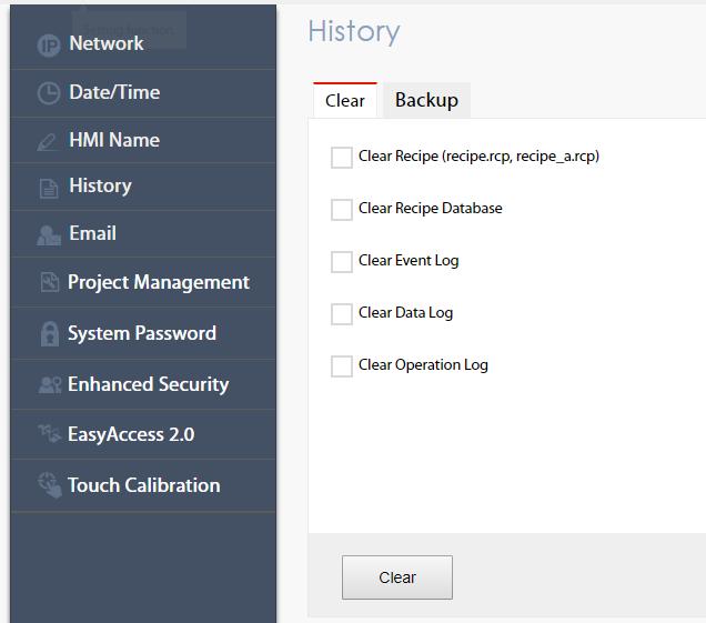 History [Clear]- It is used to clear historical data, recipe, and database stored in cmt-hdm.