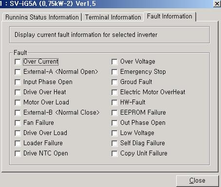 III. Fault Information: Displays the fault history of the selected drive. Update 1 Repeats the Connect process for the selected drives from the connection information window.