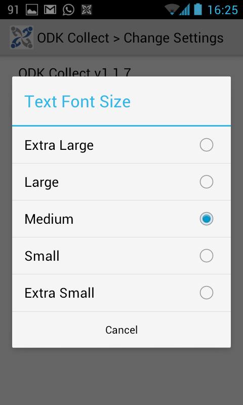 Settings includes the following options: Link to the Open Data Kit website (ODK) Text Font Size for changing the size of the display text.