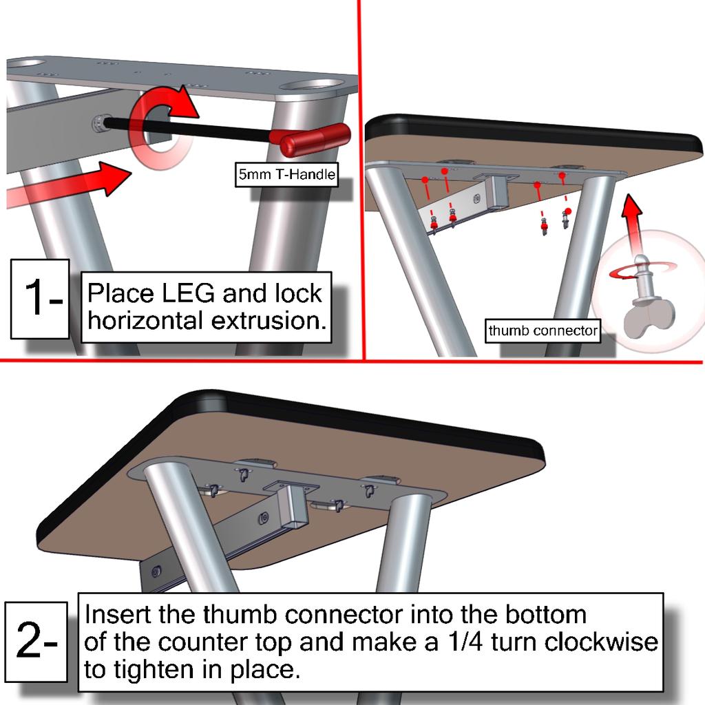 Step 5: Attach Counter Stand-offs Place leg into place, connect VE-17 and lock extrusion.