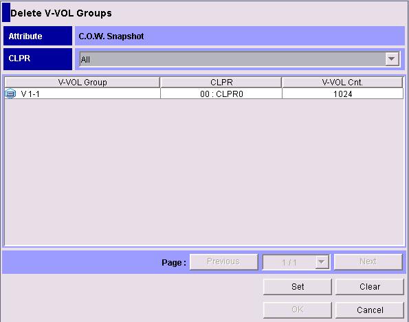 Figure 5-10 Delete V-VOL Groups Dialog Box The Delete V-VOL Groups dialog box displays the following items.