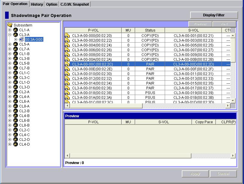 Pair Operation Window The ShadowImage Pair Operation window displays information about both ShadowImage and Copy-on-Write Snapshot pairs.