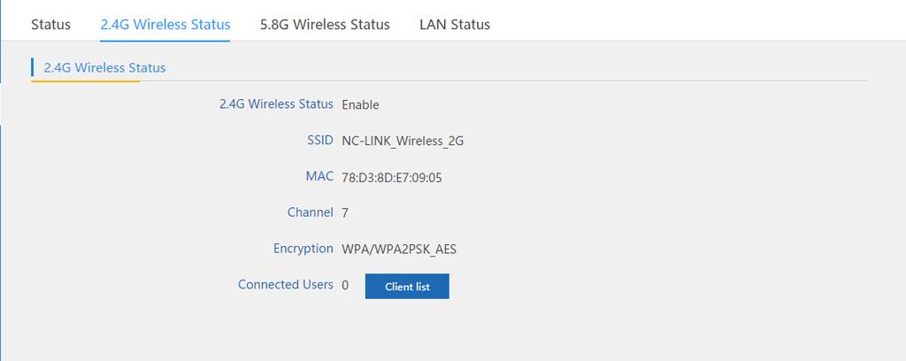 8.1.3 5.8G Wireless status 8.1.4 LAN Status 8.
