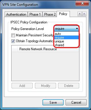 The available options are defined as follows: Auto The client will automatically determine the appropriate IPSec Policy Level.