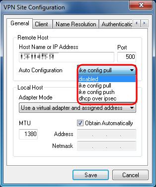 The available options are defined as follows: Disabled disables any automatic client configurations. IKE Config Pull Allows setting requests from a computer by the client.