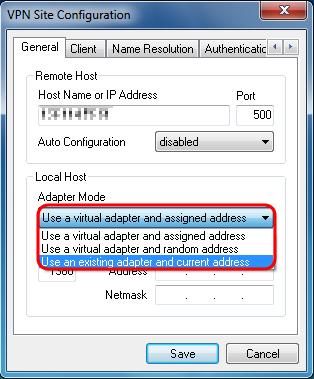 The available options are defined as follows: Use a virtual adapter and assigned address Allows the client to use a virtual adapter with a specified address as the source for its IPsec communications.