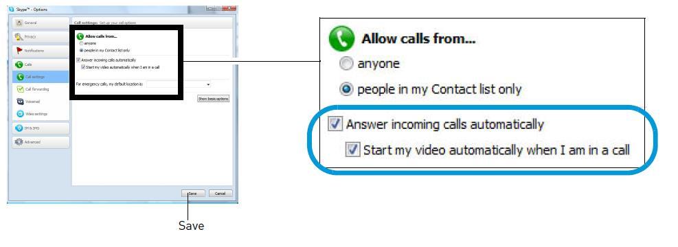 Select the Answer incoming calls automatically checkbox and the Start my video automatically when I am in a call check box. Click Save. Q: How do I pair cameras?