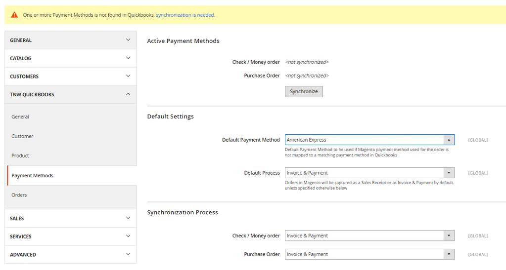 Active Payment Methods Clicking "Synchronize" button, will create matching payment methods in Quickbooks Default settings Default Payment Method A payment method, which will
