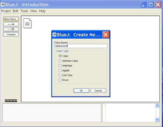 4. Lets try out BlueJ by creating a new class in a tutorial_1. Select the New Class... menu item or toolbar button. This is only possible while you have the project open.