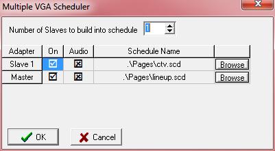 You can setup the Multi-VGA Schedule to look like the example shown here. Use the Browse buttons to select the schedule that is to display for each channel.