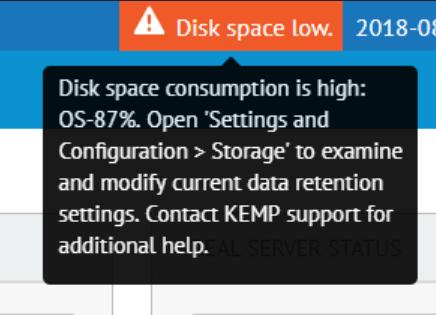 21 Storage When the system reaches a disk alert threshold set by the user, an orange alert appears on the UI informing you about this (this is also stored in Syslog).