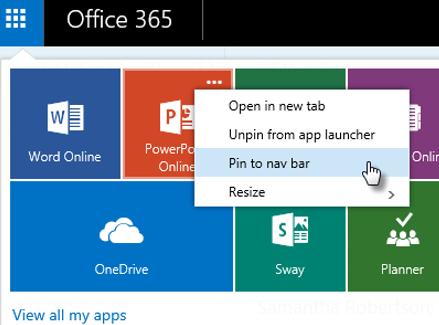 Pin Apps to the Navigation bar in Office 365 You can also pin up to three apps in your navigation bar. To pin an app to the navigation bar 1.