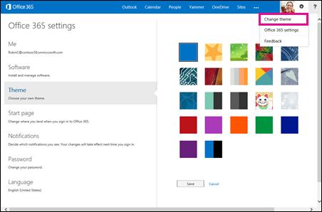Change the Theme When you change the theme on the Office 365 settings menu or the Office 365 Home page, your changes affect the appearance of the navigation bar and highlighted text
