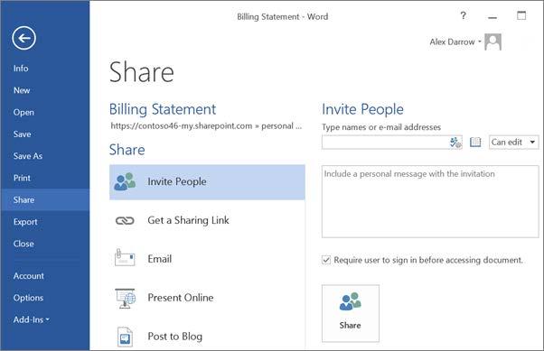 Share a file from an Office desktop app 1. With the file open in, Word, Excel, PowerPoint, or another Office app 2. [File], Share, Invite People 3.