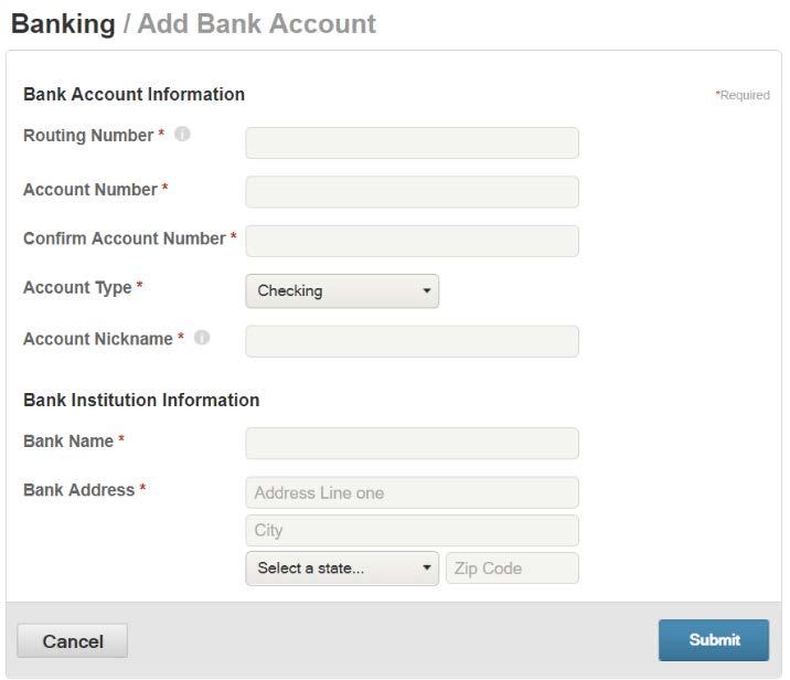 3. If you selected Direct Deposit and have not set up your banking information, you will be directed to the Add Bank Account setup page. 4.