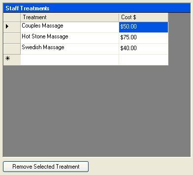 You will need to establish the specific treatments each staff member is able to perform. To do this, click in the cells located under Treatment. A drop down box will appear.