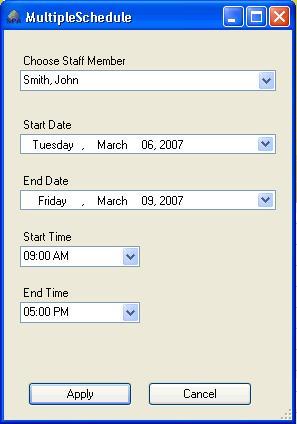 lighter shade and will have the beginning and end time listed at the top of the block. In the example above, the schedule for Jay Adams is for March 8, 2007 from 5:30 a.m. 2:00 p.m. To schedule the same shift for an individual staff member over a specific period of time (for example, an employee works 9:00 a.