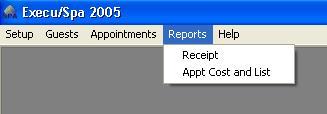 Reports To access the available reports in ExecuSpa, click on the Reports drop down menu. Receipts In ExecuSpa, you can use the Receipts function in one of two ways.