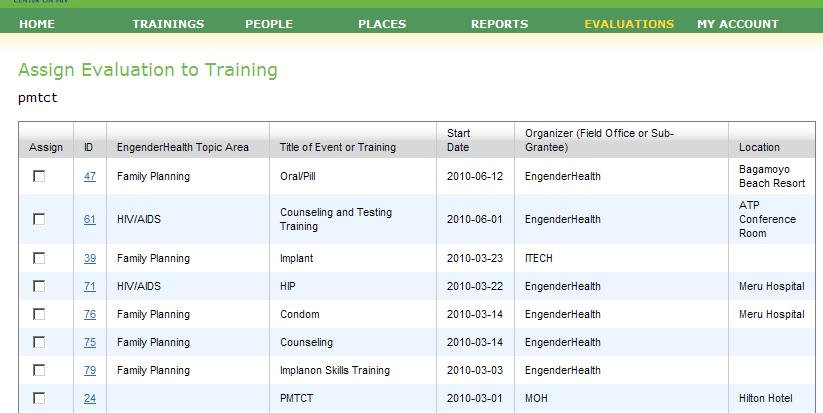 Once the evaluation is assigned to a training, a hyper link will appear on the training page that will allow the user to enter or view the data.