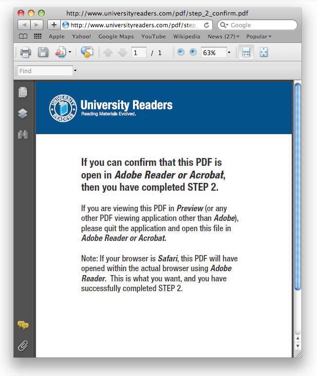 Step 2: Confirm Adobe Reader/Acrobat as your PDF Viewer If your browser is Safari: Download the confirmation PDF from http://www.