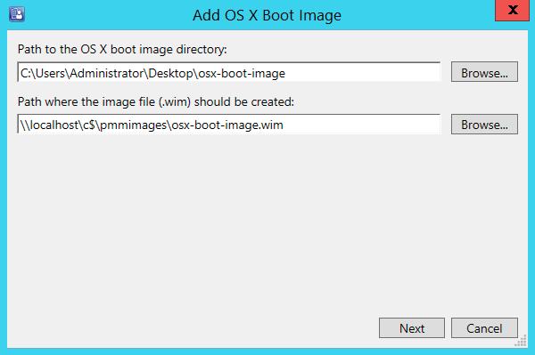 3 The Add OS X Boot Image dialog opens. 4 In the Path to the OS X boot image directory field, specify the path to the OS X boot image folder.