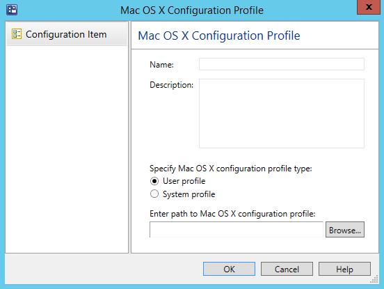 3 The Mac OS X Configuration Profile dialog opens. 4 Enter a configuration item name and description. 5 Select the profile type from the following options: User profile.