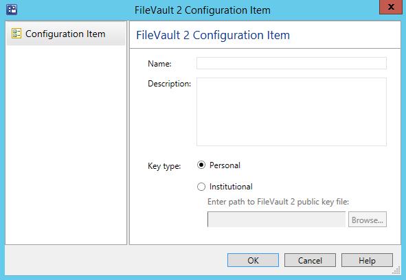 2 Right-click Configuration Items and then point to Create Parallels Configuration Item and click FileVault 2 Configuration Item. 3 Enter the desired configuration item name and description.