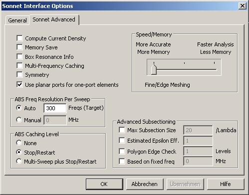 Under the General section of the properties dialog box, the analysis frequencies can be entered. It is highly recommended to use the Adaptive Sweep (ABS) option.