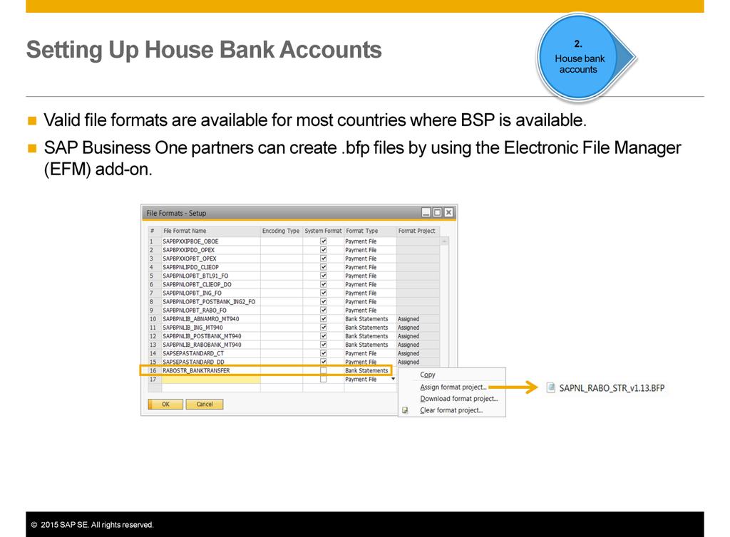 Note that there are system formats and user defined formats. Valid file formats are available for most countries where bank statement processing is available.