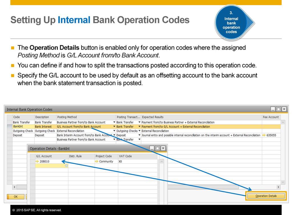 The Operation Details button is enabled only for operation codes where the assigned Posting Method is G/L Account from/to Bank Account.