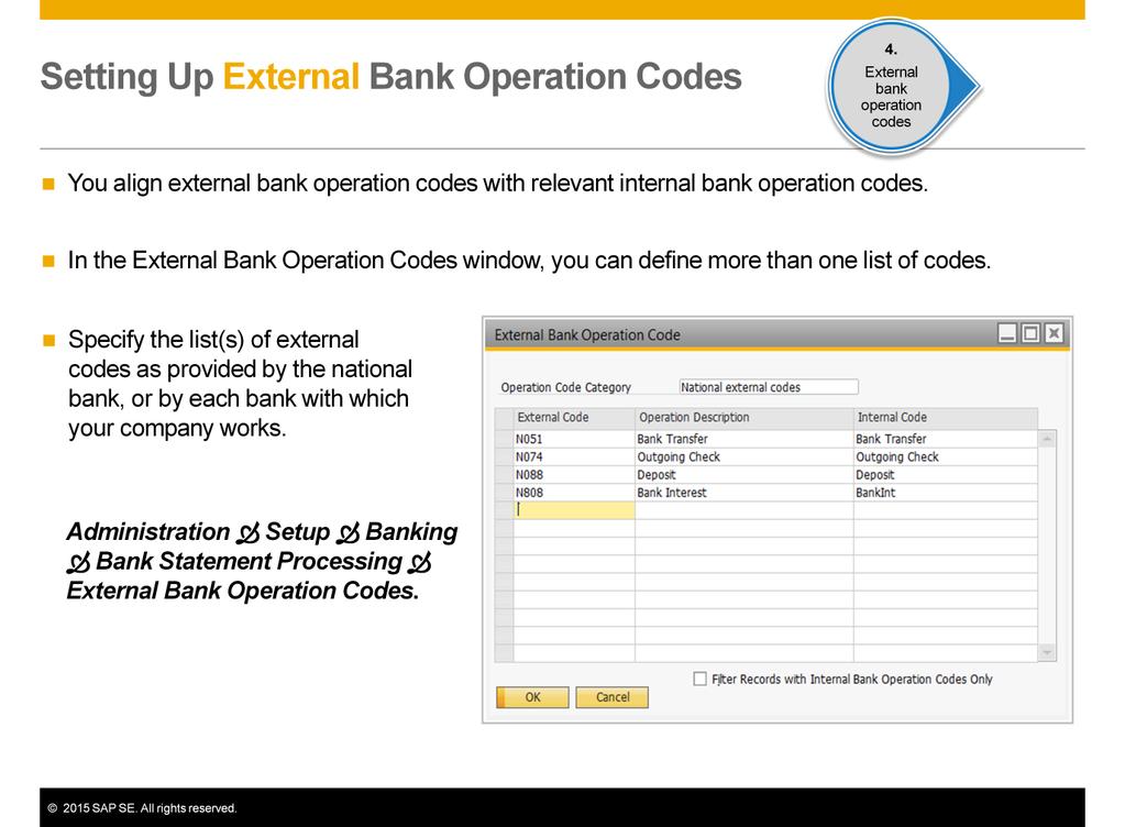 In the External Bank Operation Codes window, you align external bank operation codes with relevant internal bank operation codes.