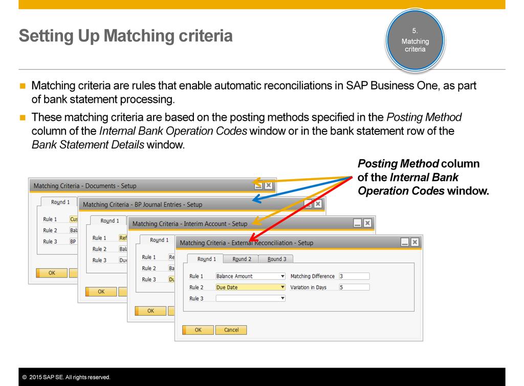 Matching criteria are rules that enable automatic reconciliations in SAP Business One, as part of bank statement processing.