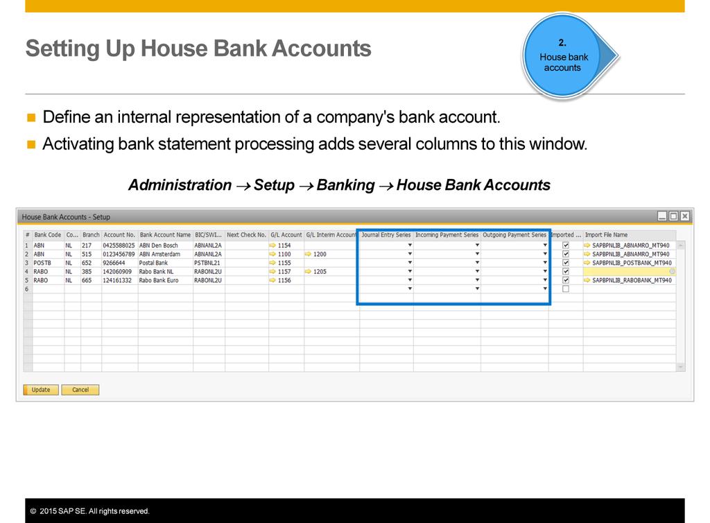 In the House Bank Accounts - Setup window, you define an internal representation of the company's bank account including all control information required for processing payments.