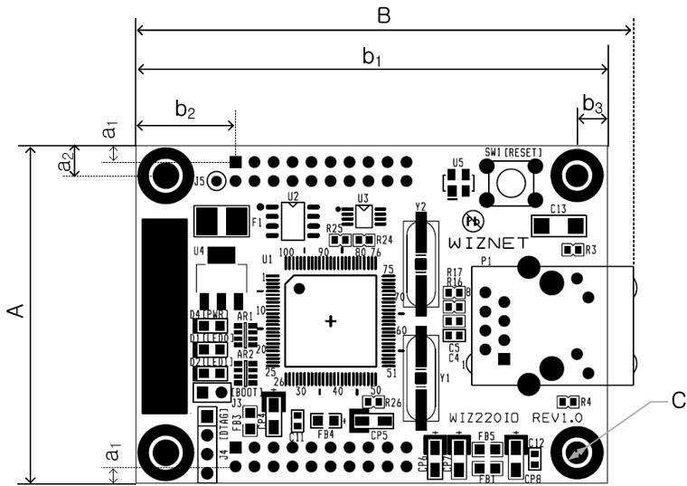 4.4. Board Dimensions and Pin Assignment 19 Figure 15. WIZ0IO Module Dimension Symbol mm A 45.00 a 1.18 a 4.