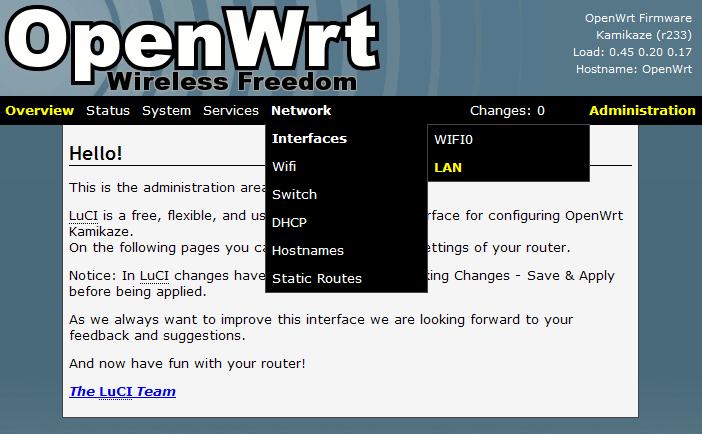 1 Configure the basic LAN port settings On the Mesh Potato configuration page, under the gear icon, click LuCI to enter the OpenWrt web page.
