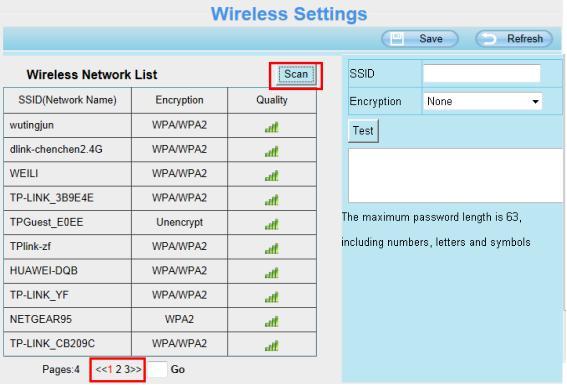 4.2 Wireless Settings Step 1: Choose Settings on the top of the camera interface, and go to the "Network" panel on the left side of the screen, then click Wireless Settings.