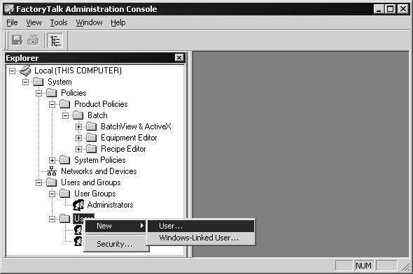 The FactoryTalk Administration Console window opens and displays the specified FactoryTalk Directory. 6. Expand Users and Groups. 7.