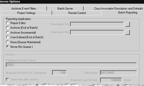 The eprocedure Server Chapter 3 17. Select the Batch Reporting tab. Leave Never (No Queue) as the default reporting application. 18. Select OK to close the Server Options dialog box. 19.