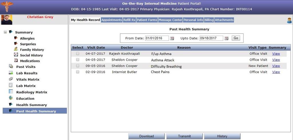 Health Summary History Former Ambulatory Summary label renamed as Health Summary New Past Health Summary sub-menu option* allows the patient or authorized users to access clinical health summaries by