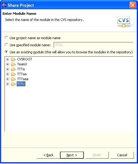 server is selected and click next. 4. By default, the CVS module name is the same as the Eclipse project name. Check the Use an existing module radio button.