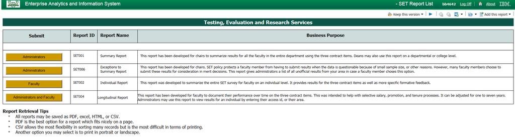 Retrieving Longitude Report The Testing, Evaluation and Research Services report selection screen will display.