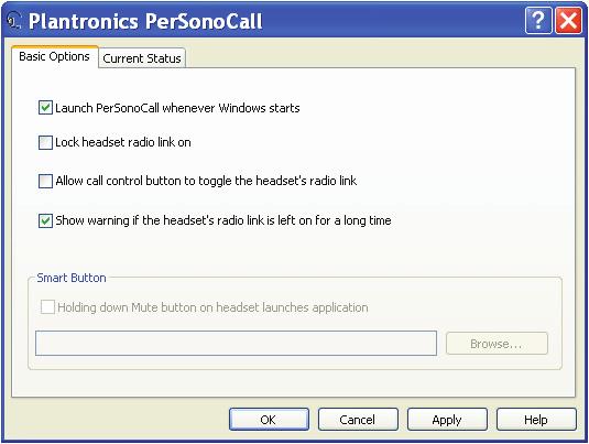 INSTALLING PERSONOCALL SOFTWARE Right-click on the headset system tray icon and choose Options. This will bring up the PerSonoCall Basic Options and Current Status screens.