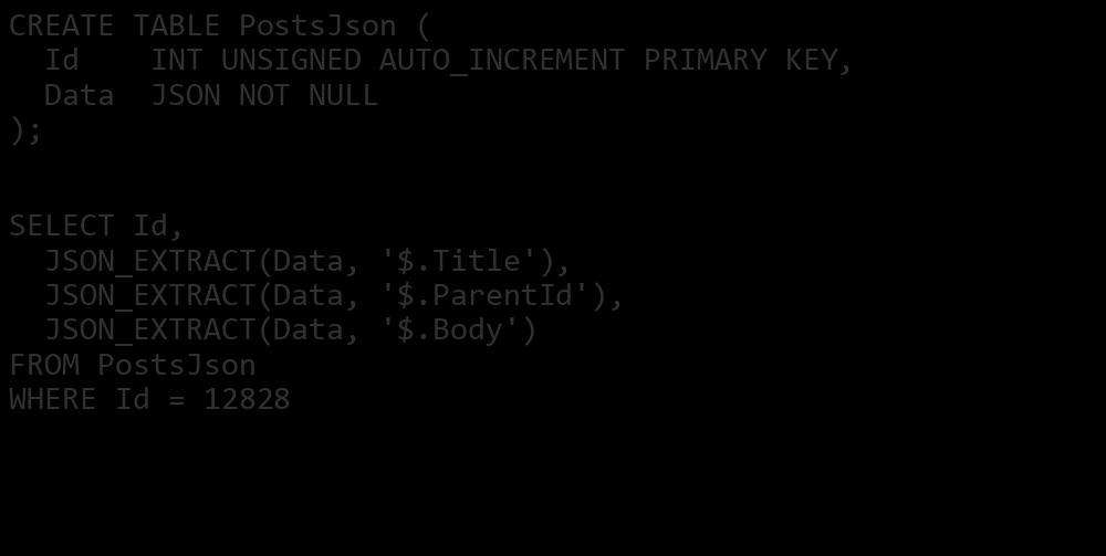 JSON Extraction Function CREATE TABLE PostsJson ( Id INT UNSIGNED AUTO_INCREMENT PRIMARY KEY, Data JSON NOT NULL ); SELECT Id,
