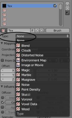 Let s say you want to use one of Blender s built- in textures (under the Type option). Some of the widely used ones are Clouds, Stucci, Magic, Marble and Wood.