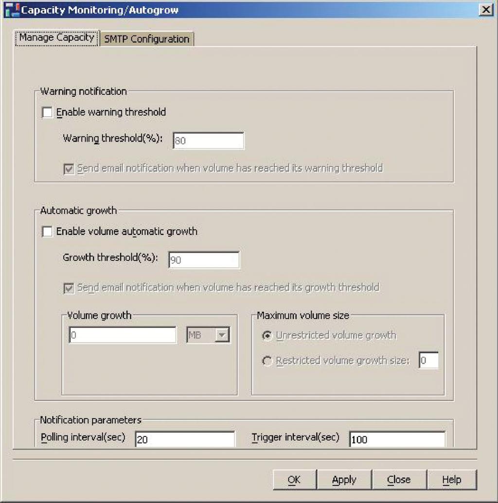 Figure 1. Veritas Storage Foundation for Windows eliminates running out of space as a potential source of downtime. Shown here is the GUI that allows thresholds to be set by IT.