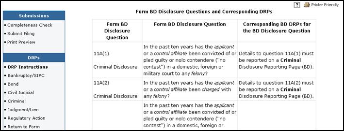 Completing a Disclosure Reporting Page (DRP) Access a DRP during a BD Amendment filing, Access a DRP for a Pending BD Amendment filing, NOTE: Disclosure Reporting Pages must be completed to provide
