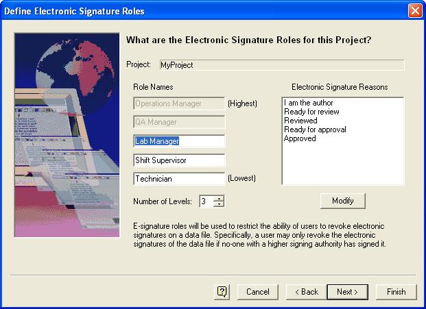 Additional Features Role Names Default names for the various signature roles are displayed, along with the signature reasons. To change a role name, highlight the role name, then retype it. Figure 5.