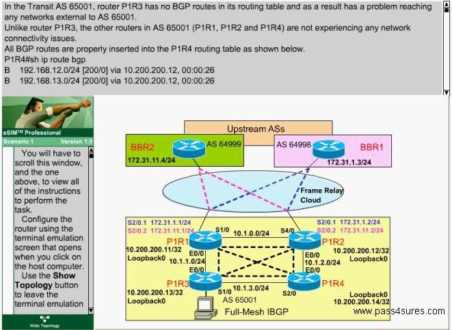 Explanation: P1R3> enable P1R3# config terminal P1R3(config)# router bgp 65001 P1R3(config-router)# no synchronization P1R3(config-router)# neightbor 10.200.