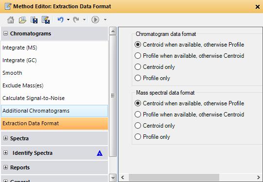 Extraction Data Format - Profile and Centroid Data files may contain Centriod, Profile (Raw) or both data types. Settings determine which type is used to create chromatograms / spectra.